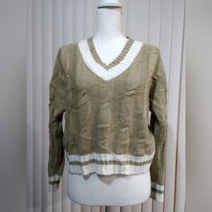 Rue 21 CROPPED Tennis Sweater V Neck Cable Knit Green White Medium Chest 40"